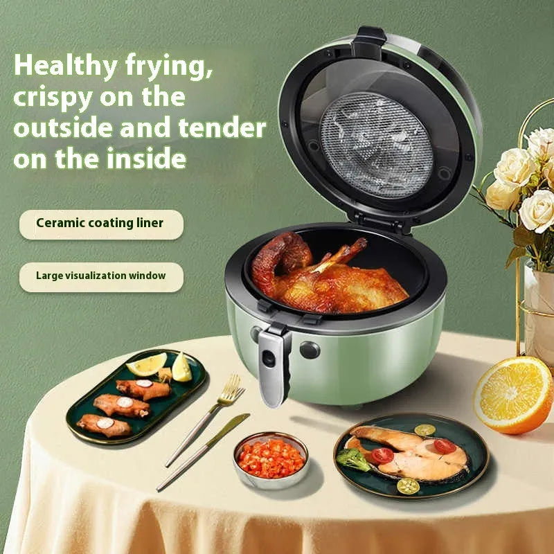 Visible air fryer oven with mechanical buttons and 8-litre nano-ceramic coated pot