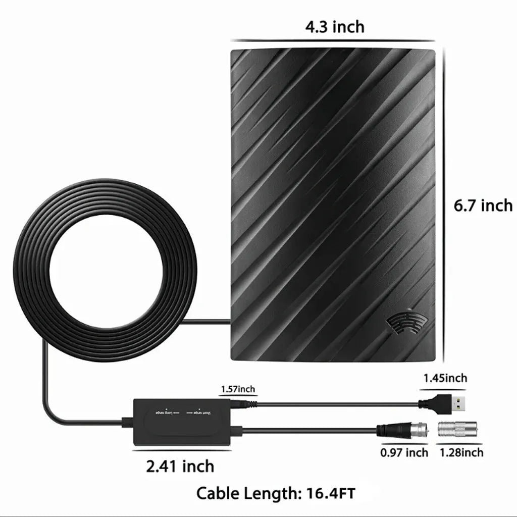 Black digital TV antenna with mounting accessories including expansion tubes and screws