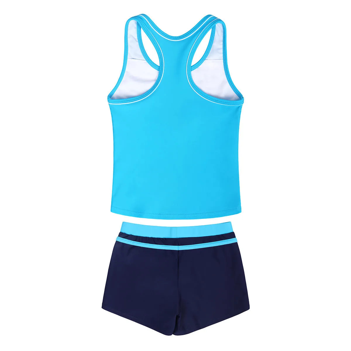 Girls two-piece split boxer swimsuit with chest pad in blue, hot pink, watermelon red, sizes M to 4XL