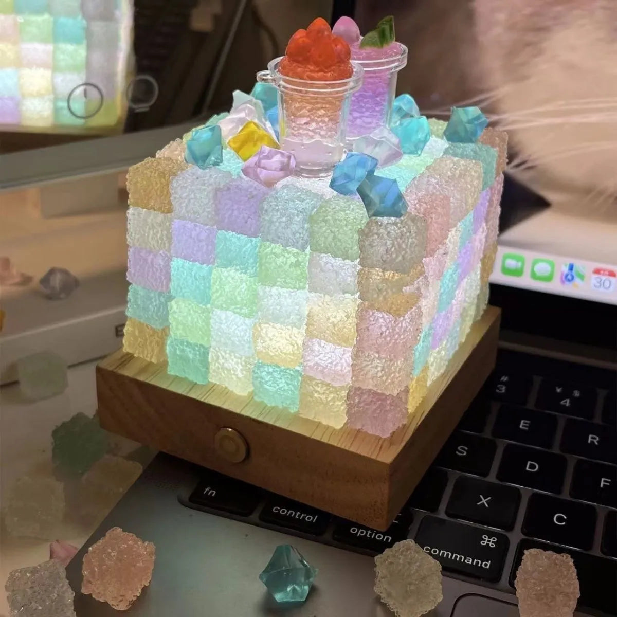 Crystal luminous cube sugar LED small night lamp with 8cm base on a table