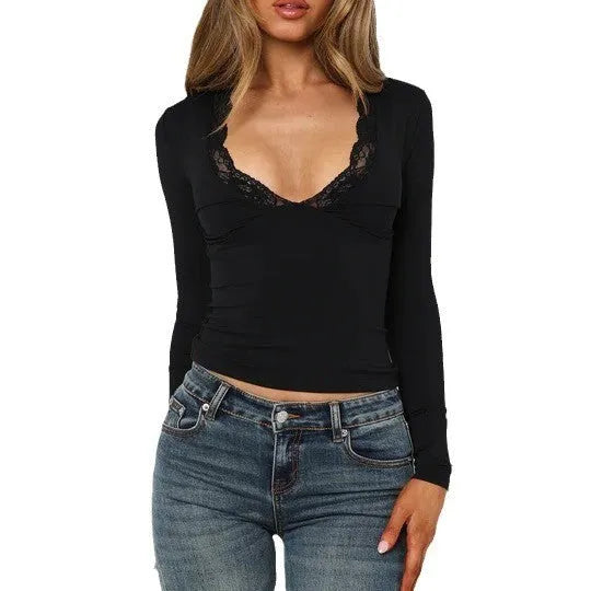 Women's slim-fit pullover top with lace flower decoration on long sleeves