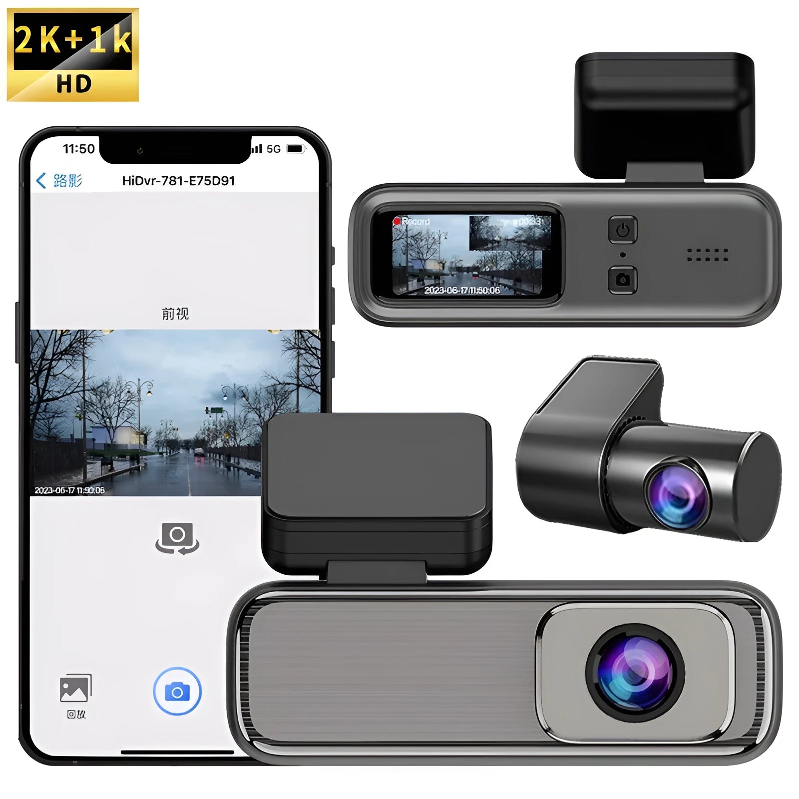 Black driving recorder dash cam with a 1.2-inch screen mounted on a car windscreen.