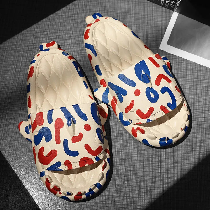 Casual open-toe shark design slippers in EVA material on a colour selection background.