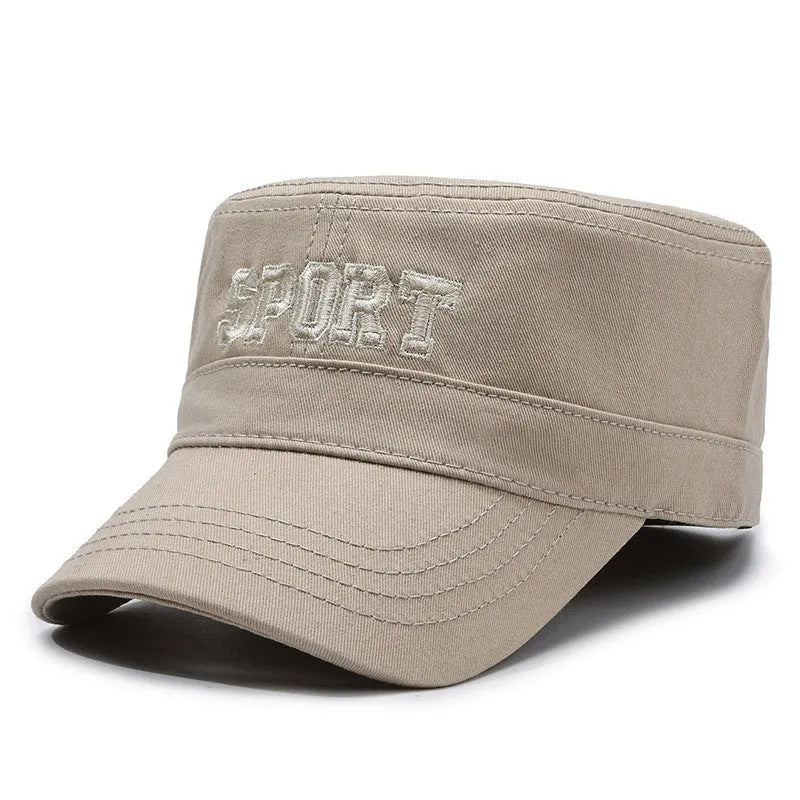 Men's flat-top peaked cap in cotton, shown in army green colour with an adjustable strap.