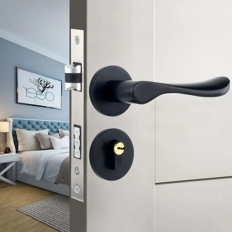 Aluminium alloy indoor split magnetic door lock handle for timber doors in black finish.
