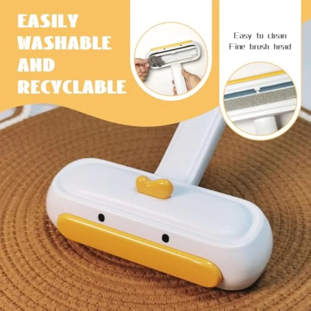 White portable pet hair remover with yellow duck design for furniture and car seats