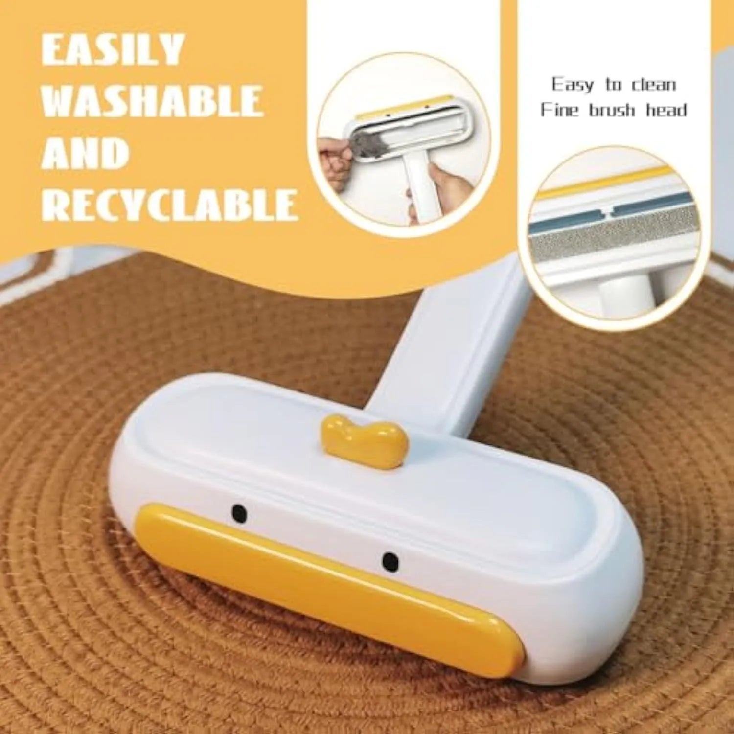 White portable pet hair remover with yellow duck design for furniture and car seats