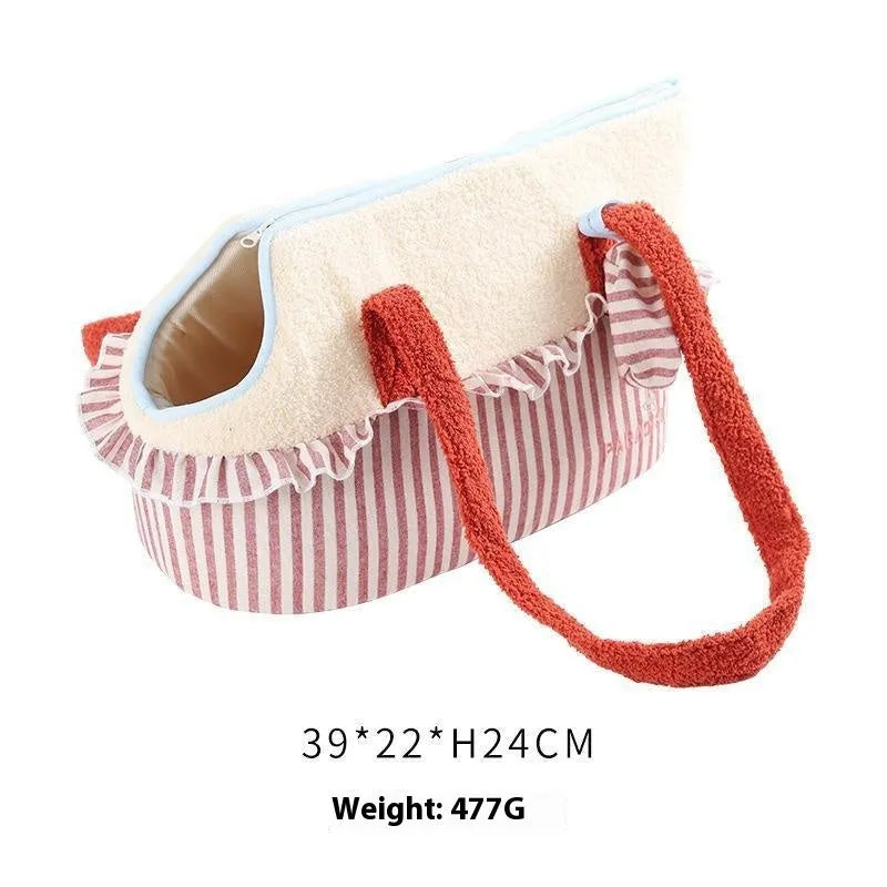 Soft plush pet carrier shoulder bag with cartoon pattern in green, red, and yellow colours