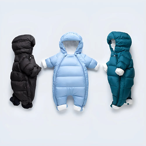 Baby down jacket jumpsuit in bear print with hood, gloves, and shoes for winter