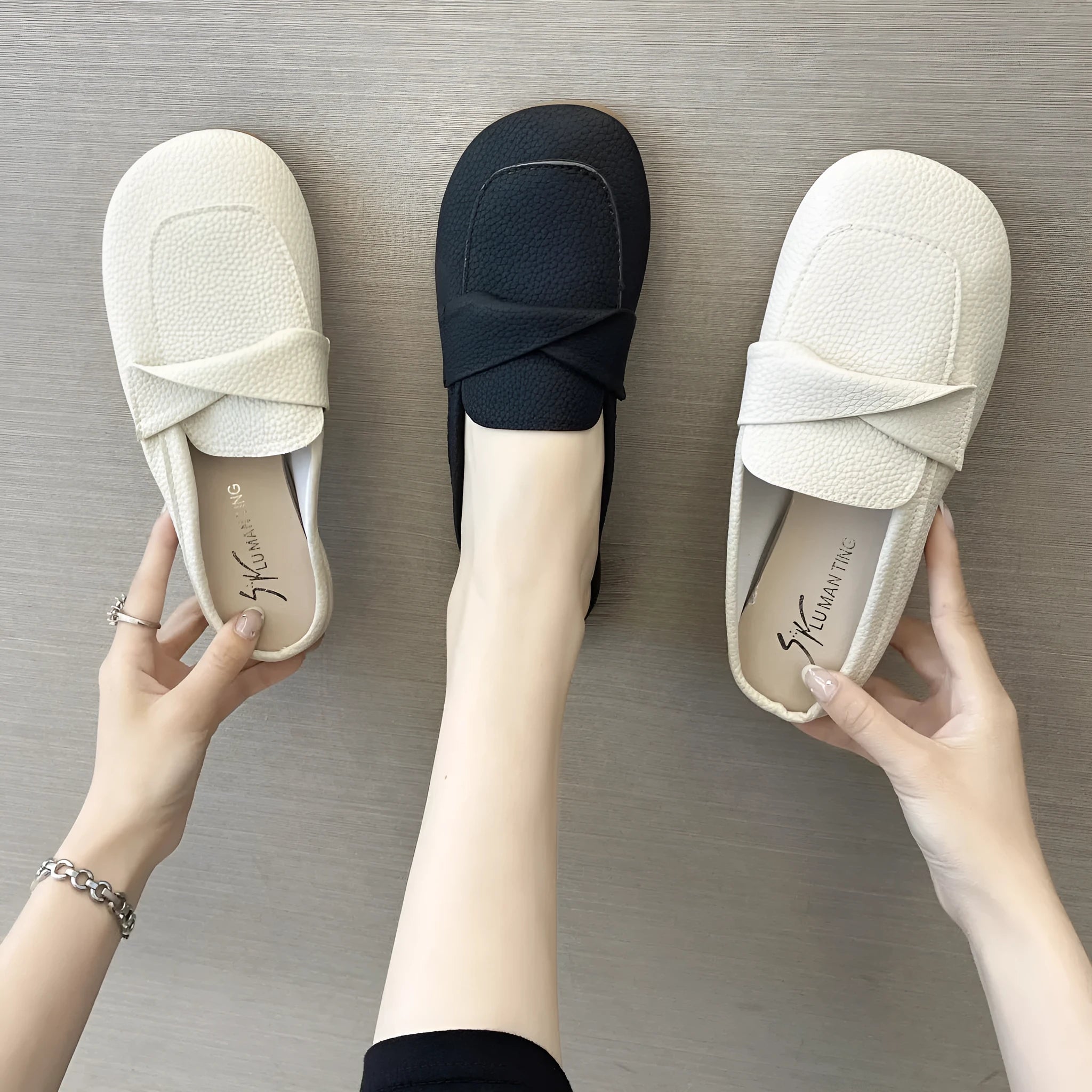 Closed toe loafers half slippers for women, soft bottom heel, square toe, PU upper, beige colour, side view