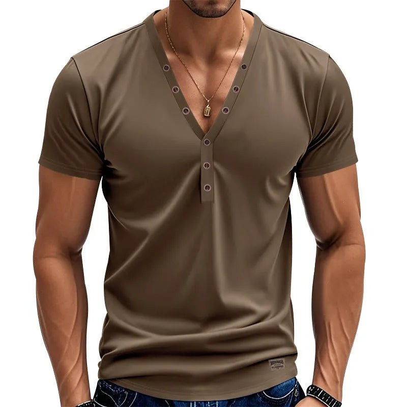 Men's loose fit solid colour v-neck pullover top on a hanger