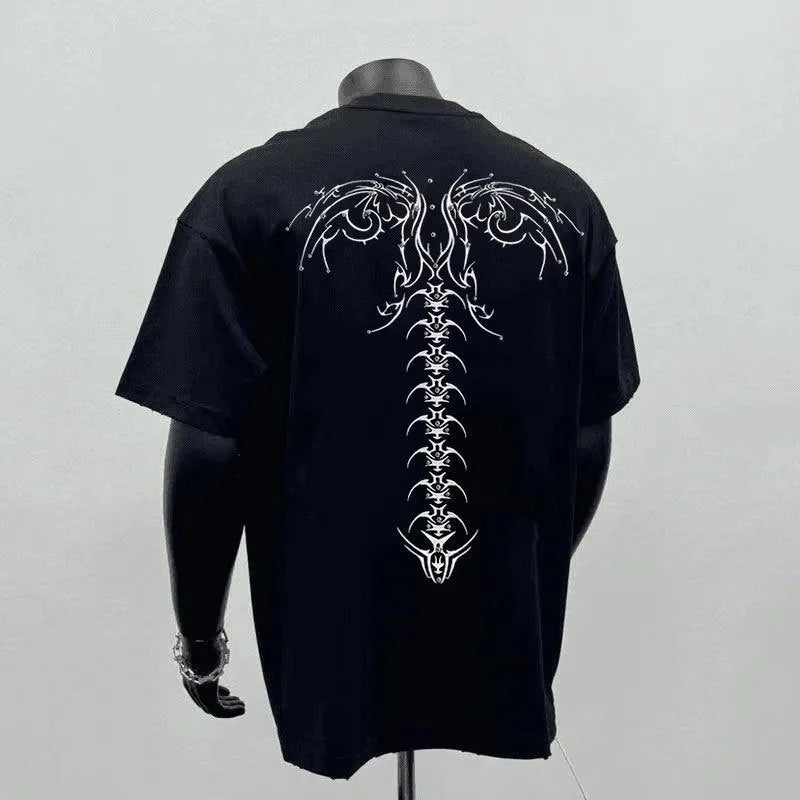 Men's black loose fit cotton T-shirt with printing decoration for business commute wear