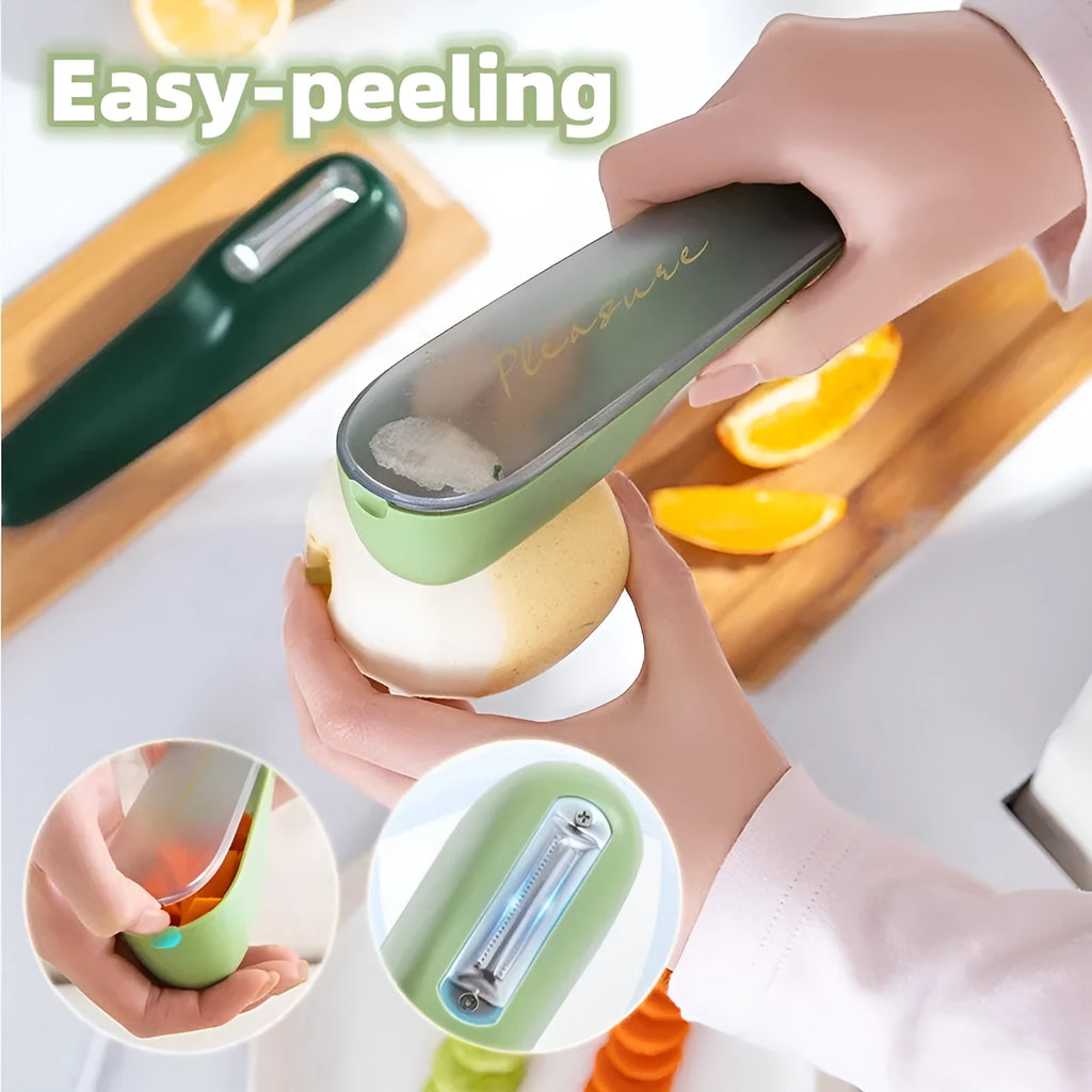 Dark green kitchen peeler with storage tube showing stainless steel blade and hanging hole on handle