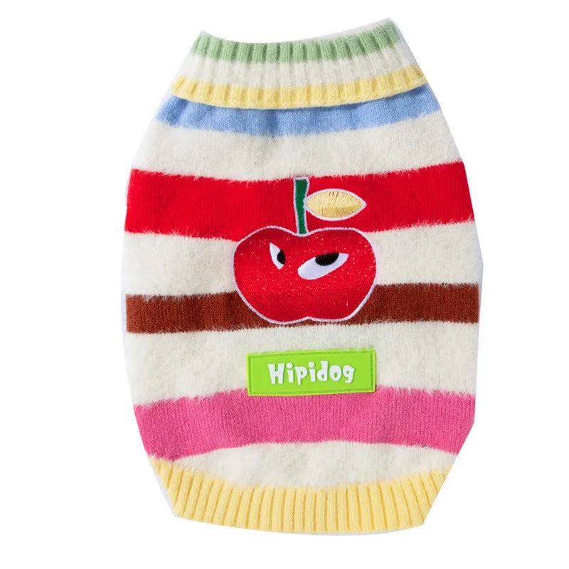 Corgi special rainbow apple striped knitted dog pullover sweater in brown and white on a light background