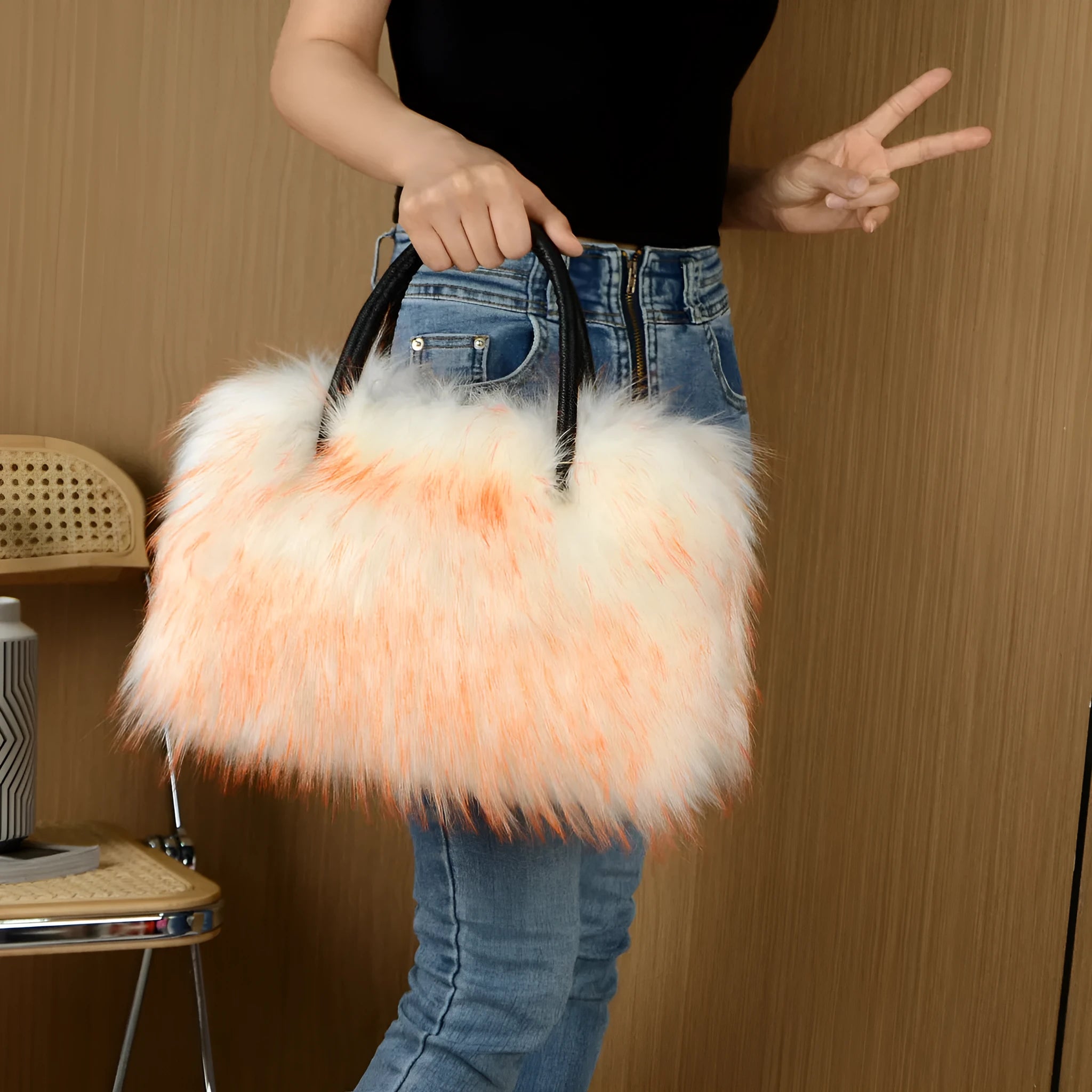 Soft plush handbag shoulder tote with double straps and three-dimensional outer pocket in multiple colours