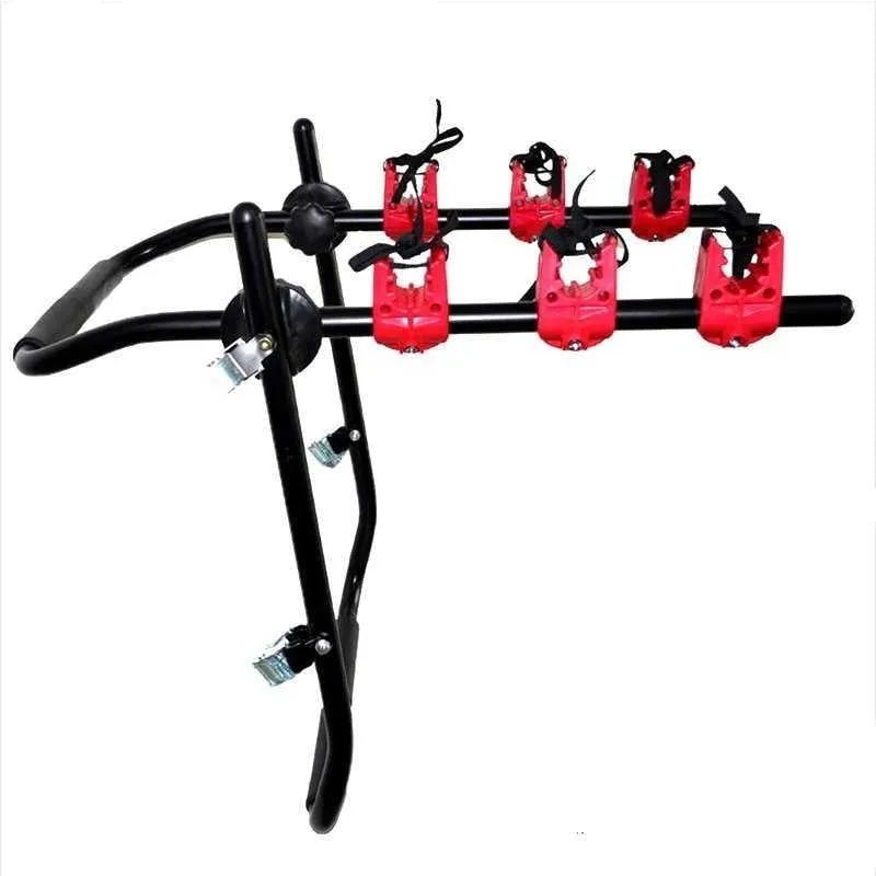 Black and red car boot mount bike rack showing iron frame with sponge padding and tie ropes.