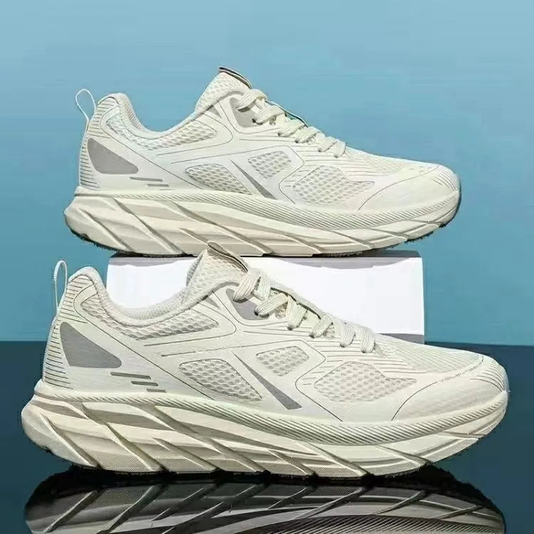 Breathable mesh casual running sneakers in red, beige, green, grey, and black colours with round toe.