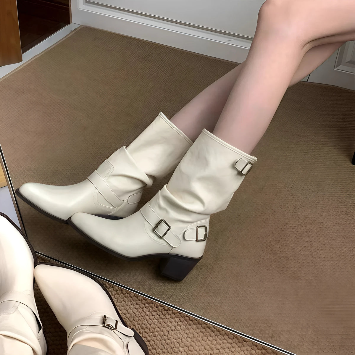 Women's mid-calf pointed toe chunky heel boots in white or khaki with PU upper and belt buckle detail
