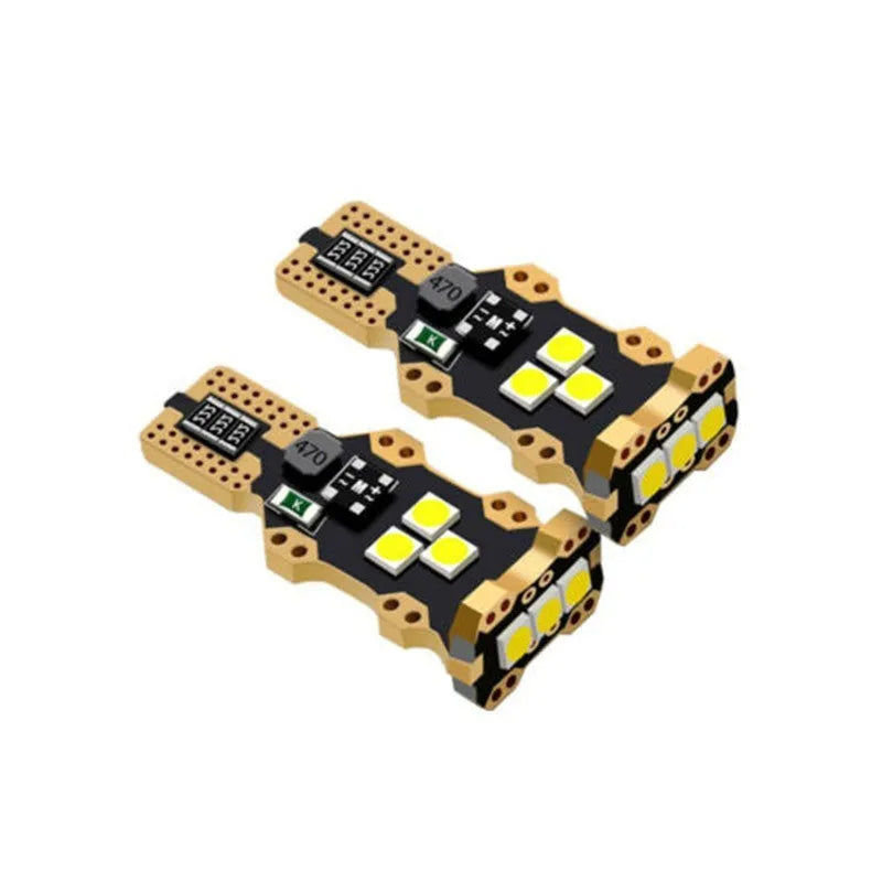 Single white T15 automotive reverse light bulb with PVC housing on a plain background.