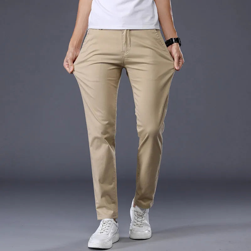 Men's solid colour casual trousers Korean style straight leg cotton fabric mid waist available in khaki black and other colours sizes 28-38