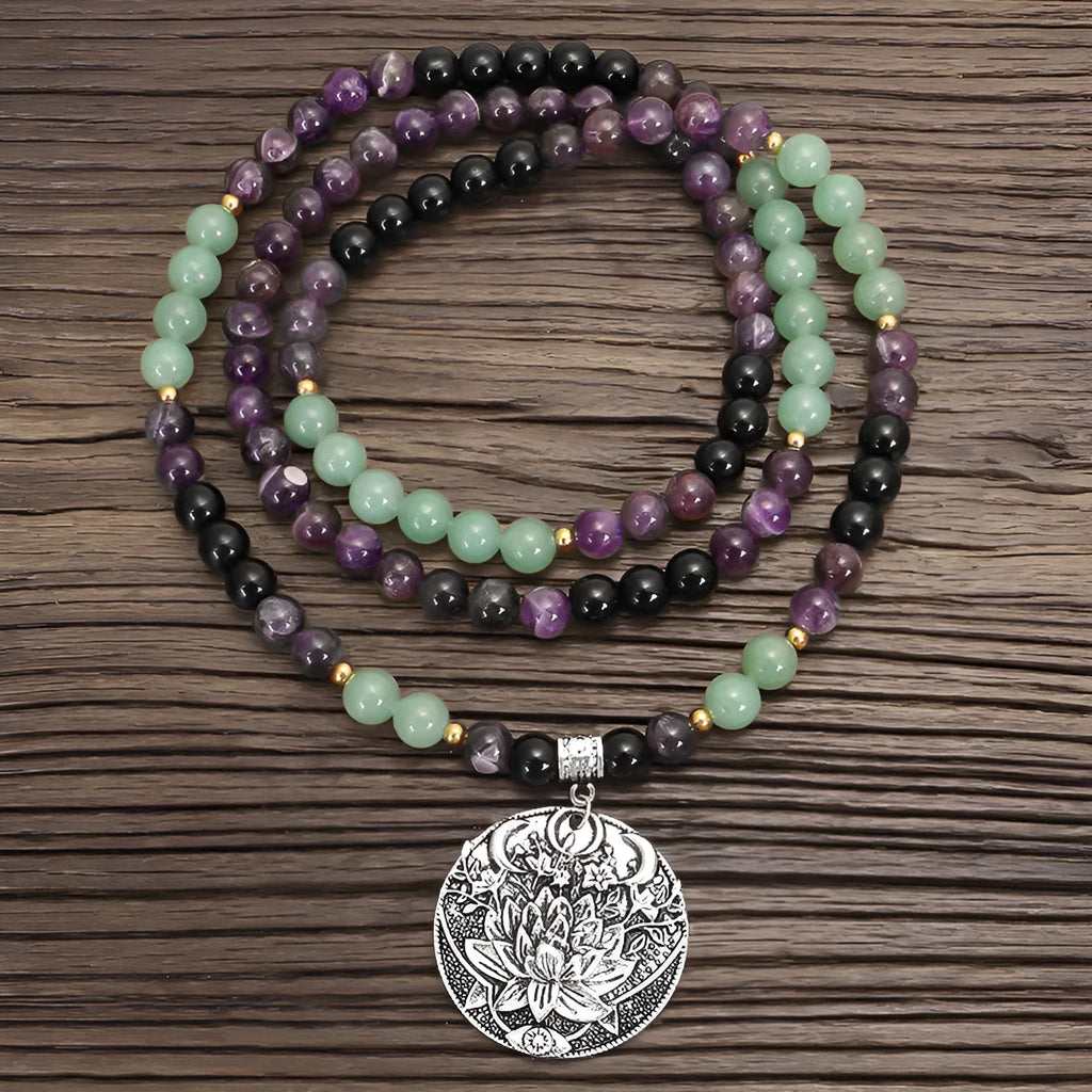 Yoga lotus pendant necklace with handmade stone beads and matching bracelet set