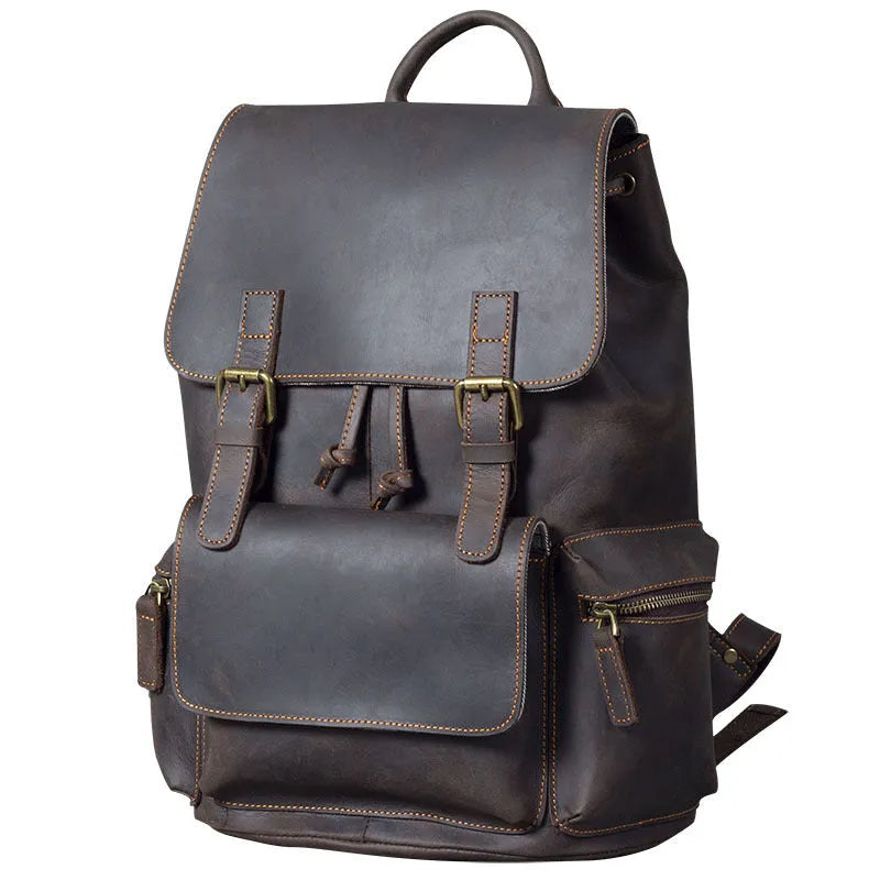 Brown genuine cowhide leather backpack with double shoulder straps and soft handle