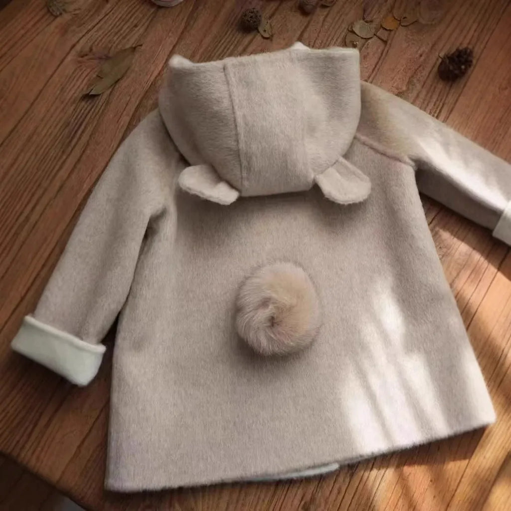 Thickened two-colour double-sided cashmere wool coat for children, hooded double breasted mid-length, apricot beige