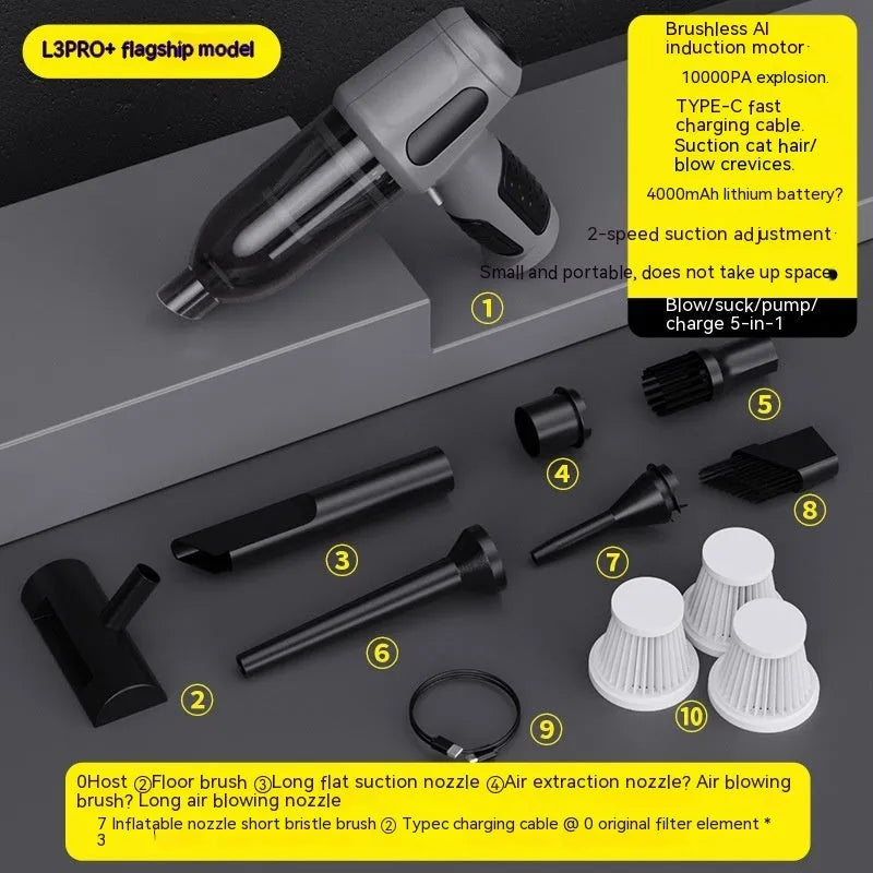 Black cordless handheld car vacuum cleaner with attached brush nozzle and charging cable.