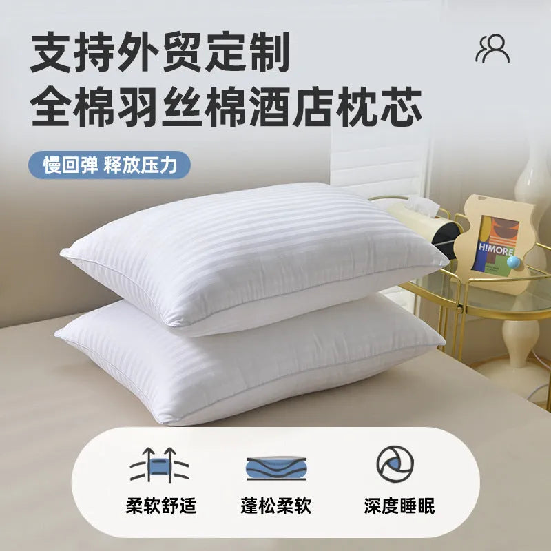 White hotel cotton satin stripe feather and cotton pillow showing size options.