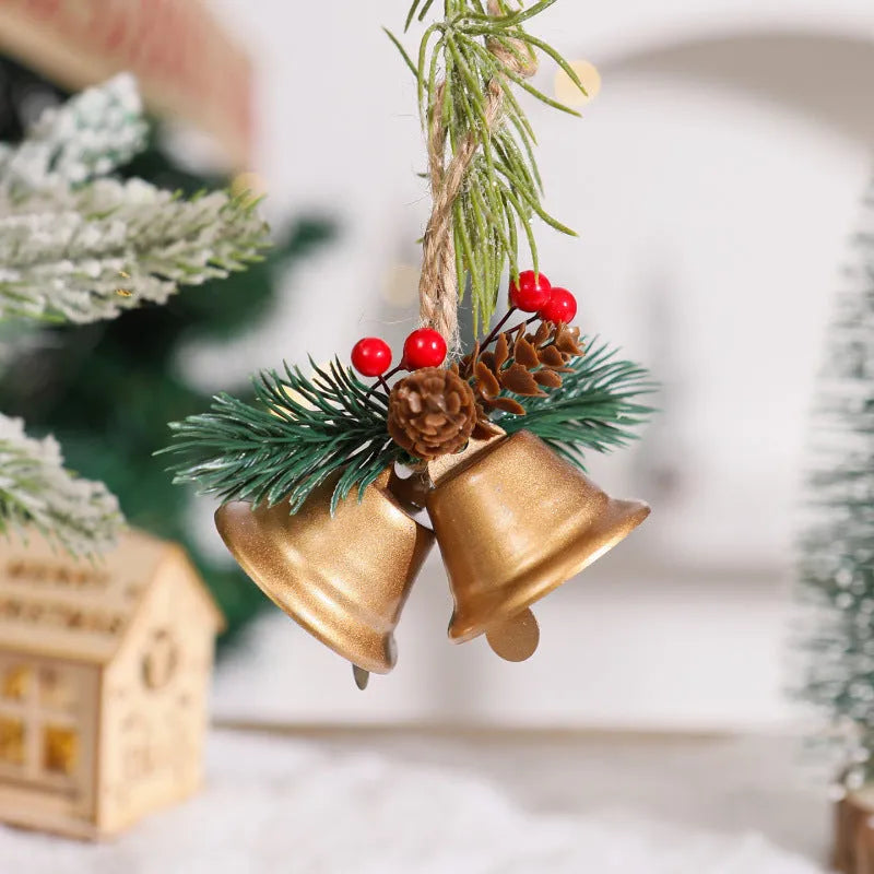 Wrought iron pine cone double bell Christmas pendant in gold colour with loop hanger