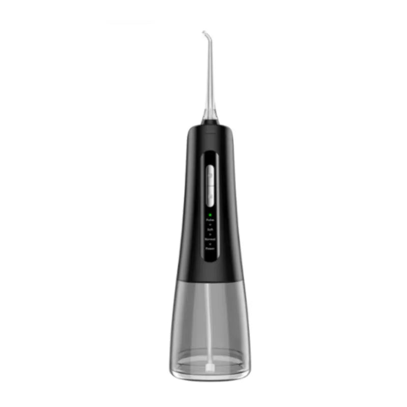 Black rechargeable oral irrigator with 300ml to 400ml tank and four nozzles on white background