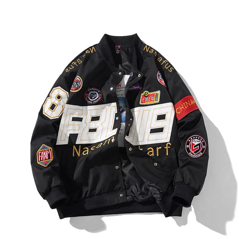 American motorcycle baseball uniform jacket in black, red, or blue with removable hood and cotton-padded lining
