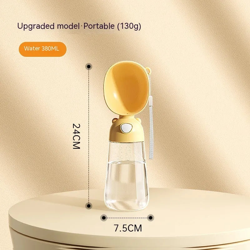 Portable dog water bottle and food container with built-in bowl in yellow, pink or brown colours
