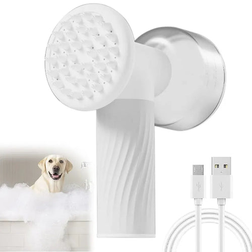 Automatic foaming dog cat bath brush with soap dispenser and silicone bristles, handheld and wireless, for pet grooming