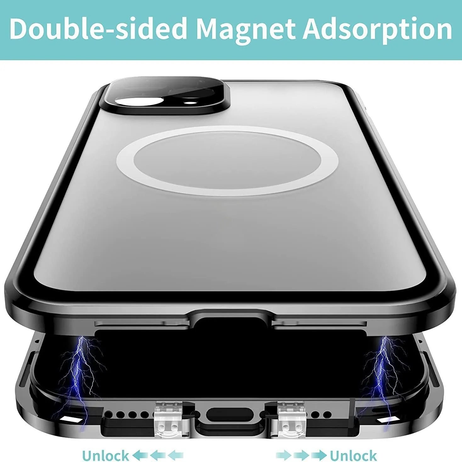 HD Magnetic Card Buckle Protective Cover Metal Case for iPhone 16 series in silver with card attached to magnetic holder.