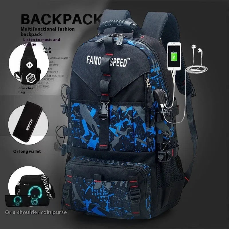 Men's large waterproof hiking backpack in Oxford cloth with air cushion back system, shown in a camouflage colour variant.
