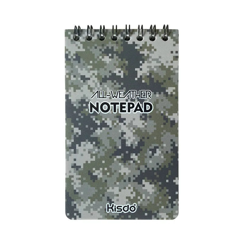 Spiral-bound waterproof office notepad with stone paper, shown in camouflage colour option.