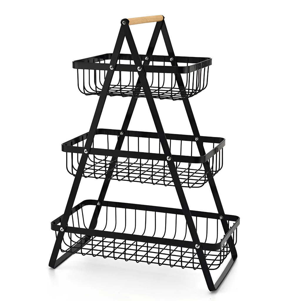Black detachable iron double-layer fruit basket with wooden handle on tabletop