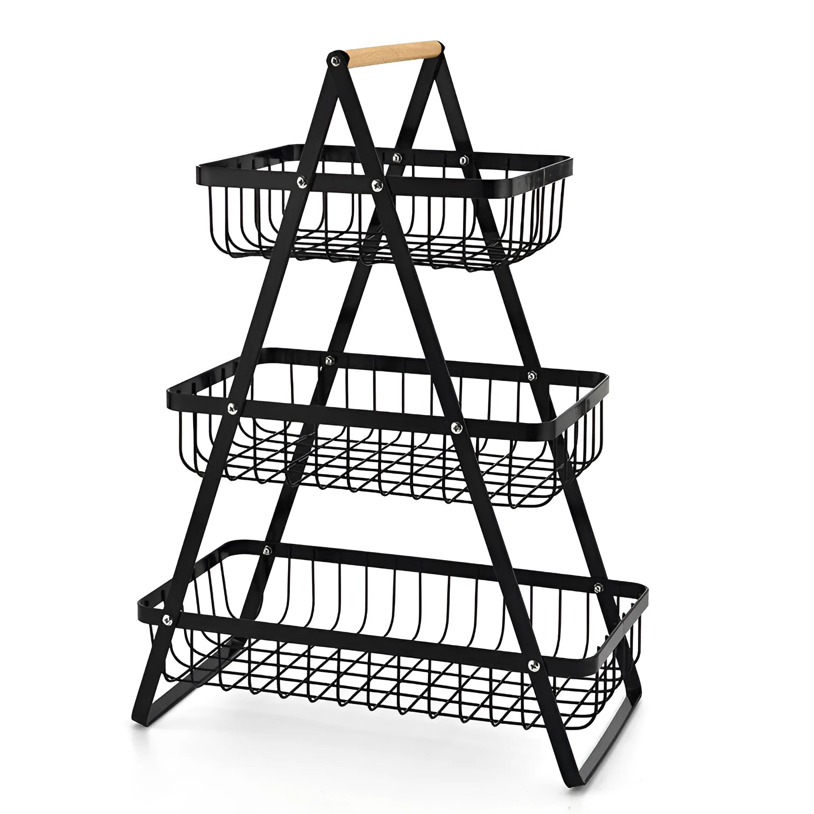 Black detachable iron double-layer fruit basket with wooden handle on tabletop