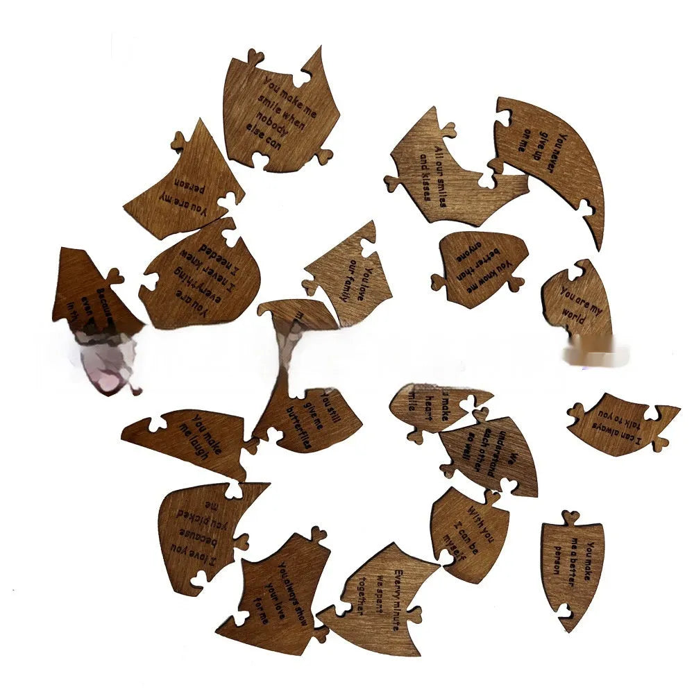 Reasons Why I Love You wooden heart puzzle with light brown colour and 20 love messages