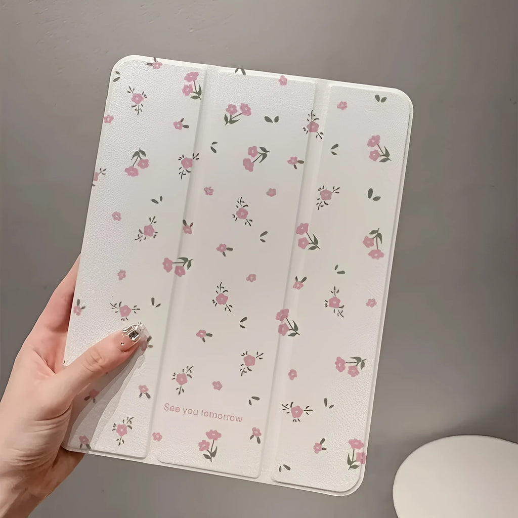 Transparent floral tri-fold protective case for Apple iPad with magnetic stand functionality