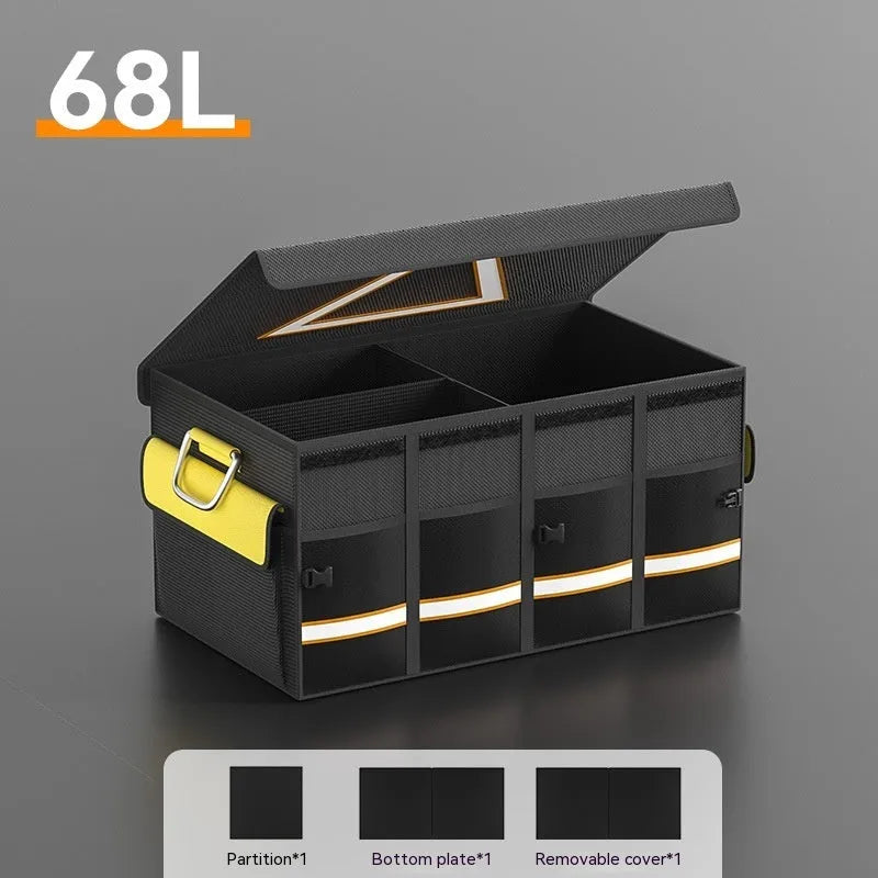 Black and yellow foldable fabric car boot storage organiser bag with handle in three size options.
