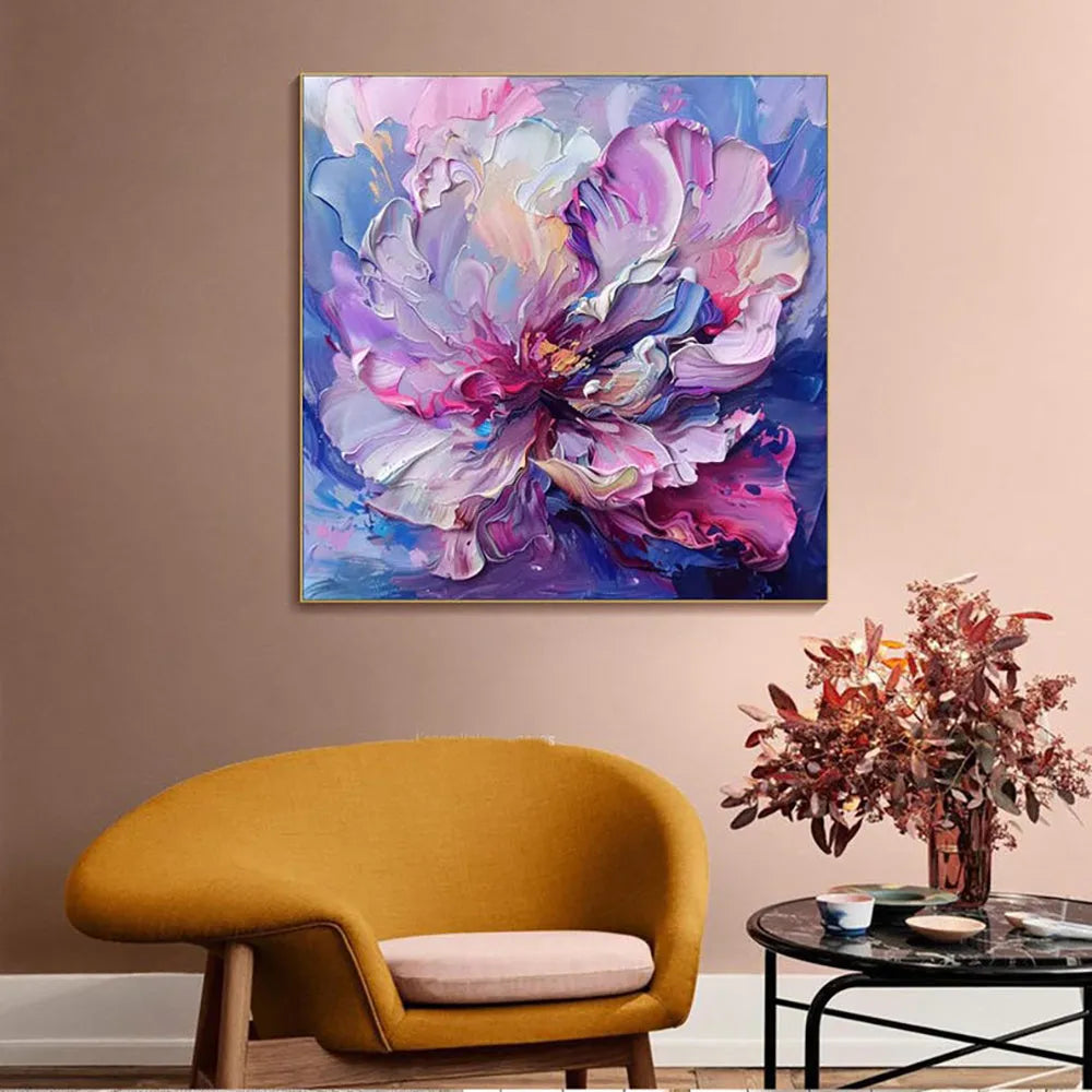 Handmade oil painting canvas wall art abstract big purple flowers square frameless unstretched