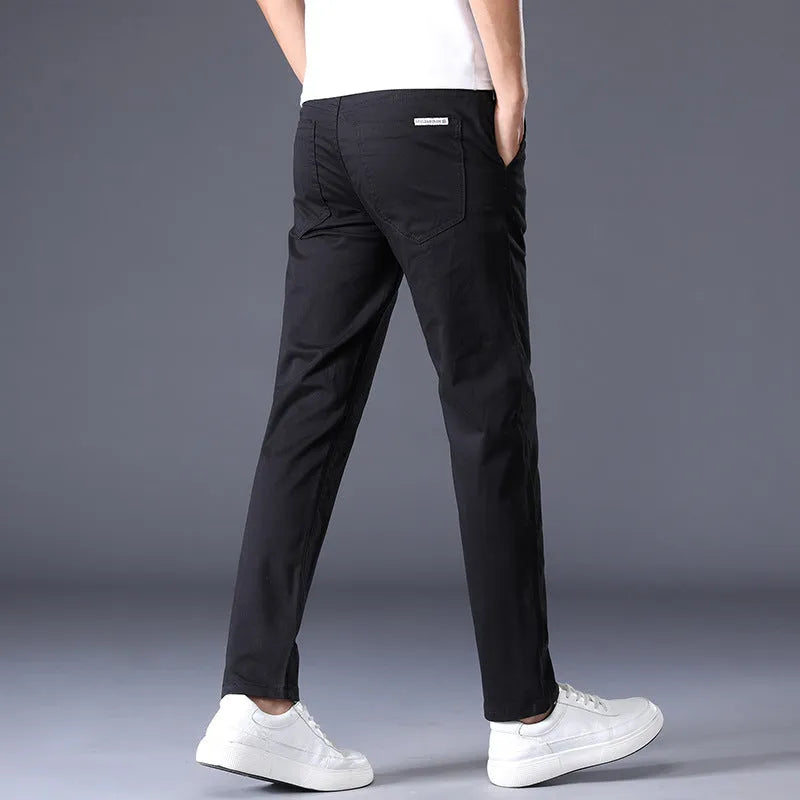 Men's solid colour casual trousers Korean style straight leg cotton fabric mid waist available in khaki black and other colours sizes 28-38