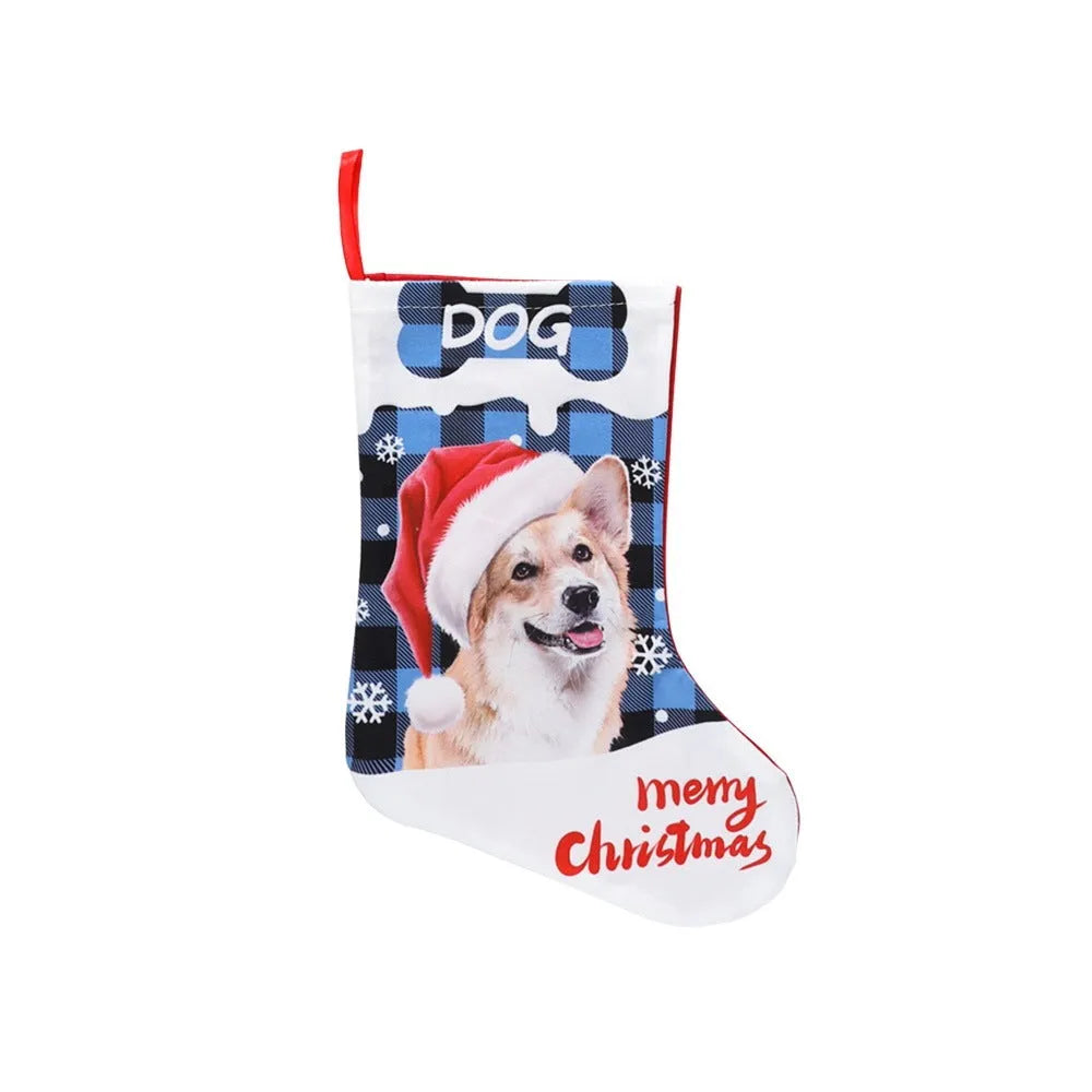 26x36cm printed cloth Christmas banner with puppy and cat designs in plaid patterns