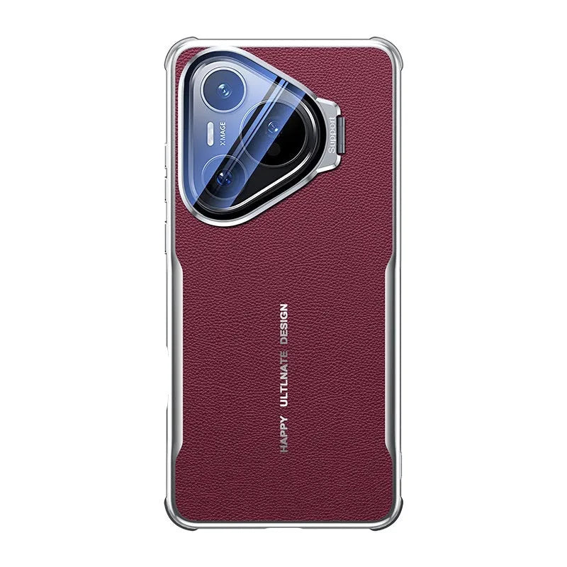 Leather Huawei phone case in black showing integrated metal stand deployed.