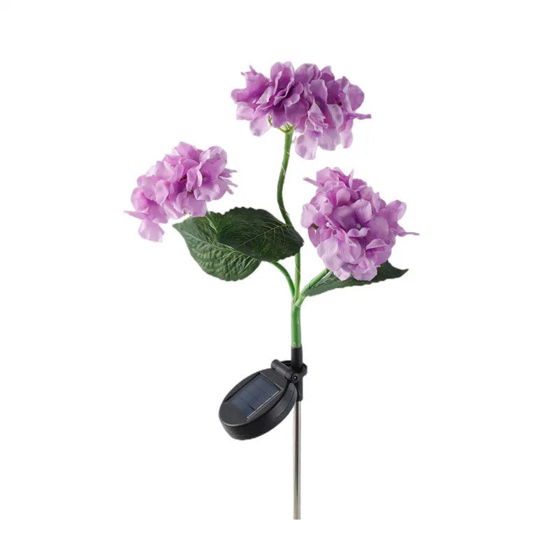 Solar hydrangea garden lights with plant modelling in outdoor setting showing colour variations