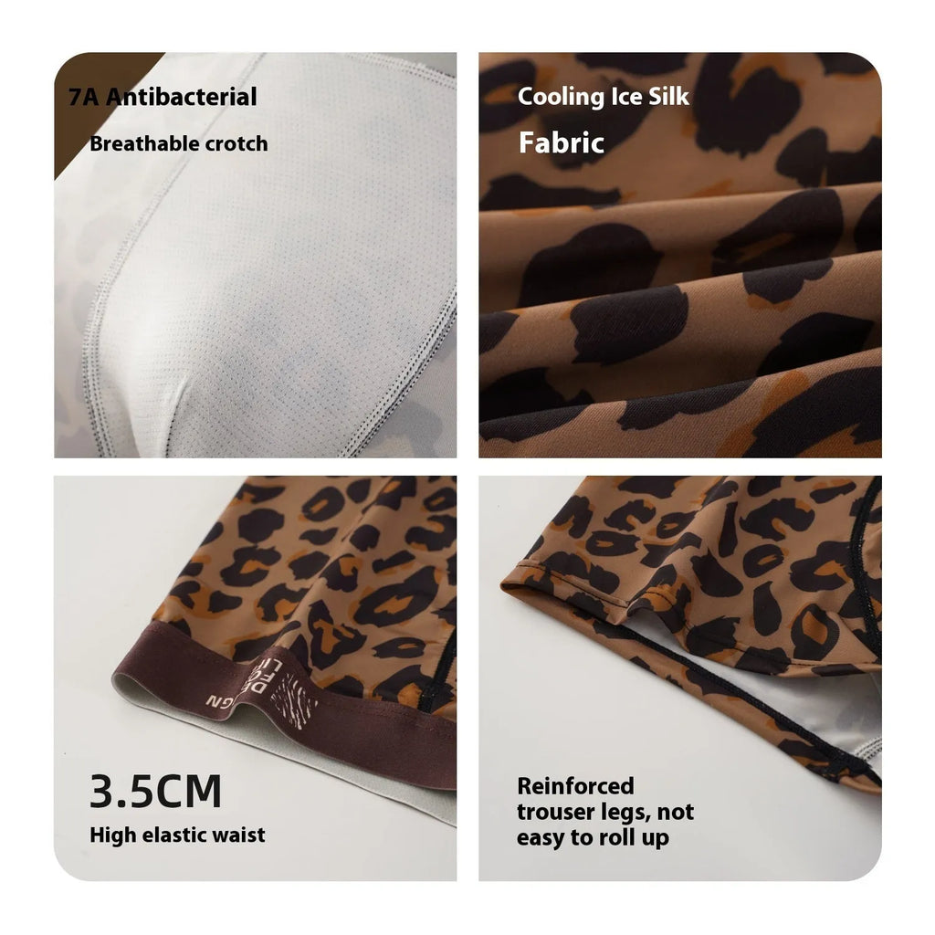 Men's leopard print ice silk underwear trousers in polyester fabric showing mid waist design