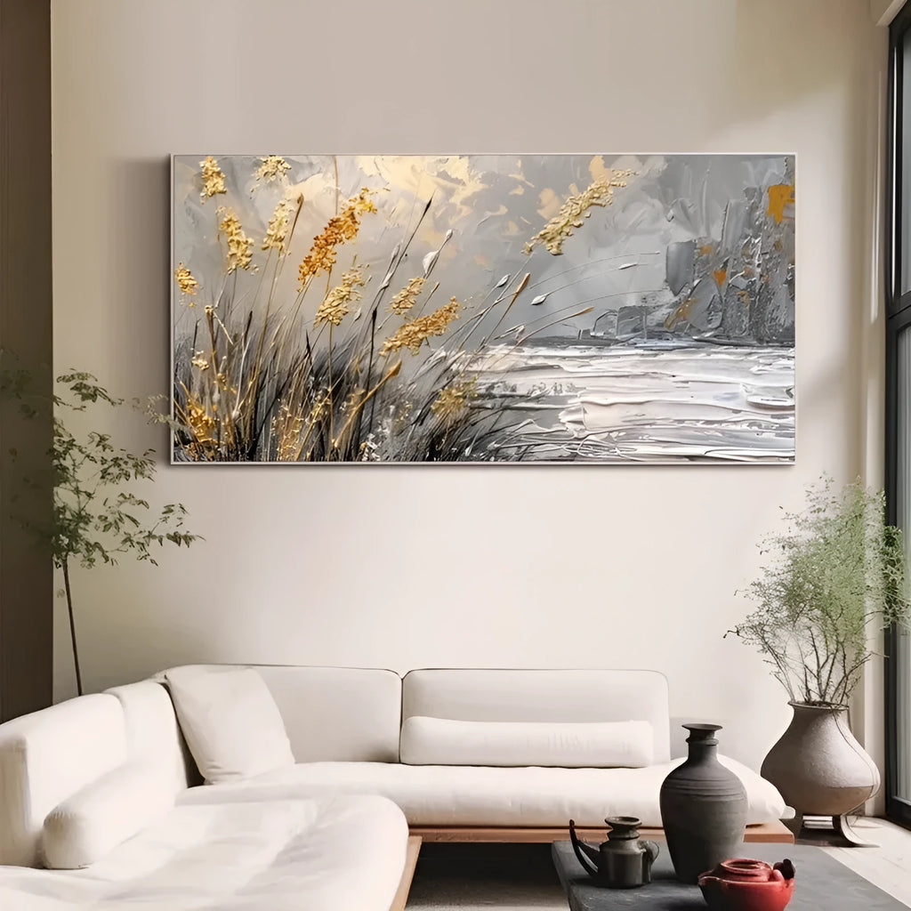 Hand painted abstract landscape oil painting lake reed beds horizontal canvas contemporary wall art