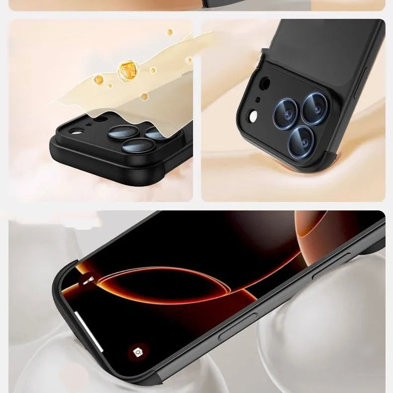 High-grade shell mobile phone case for iPhone 17 series in black, orange, grey, and desert colour options.